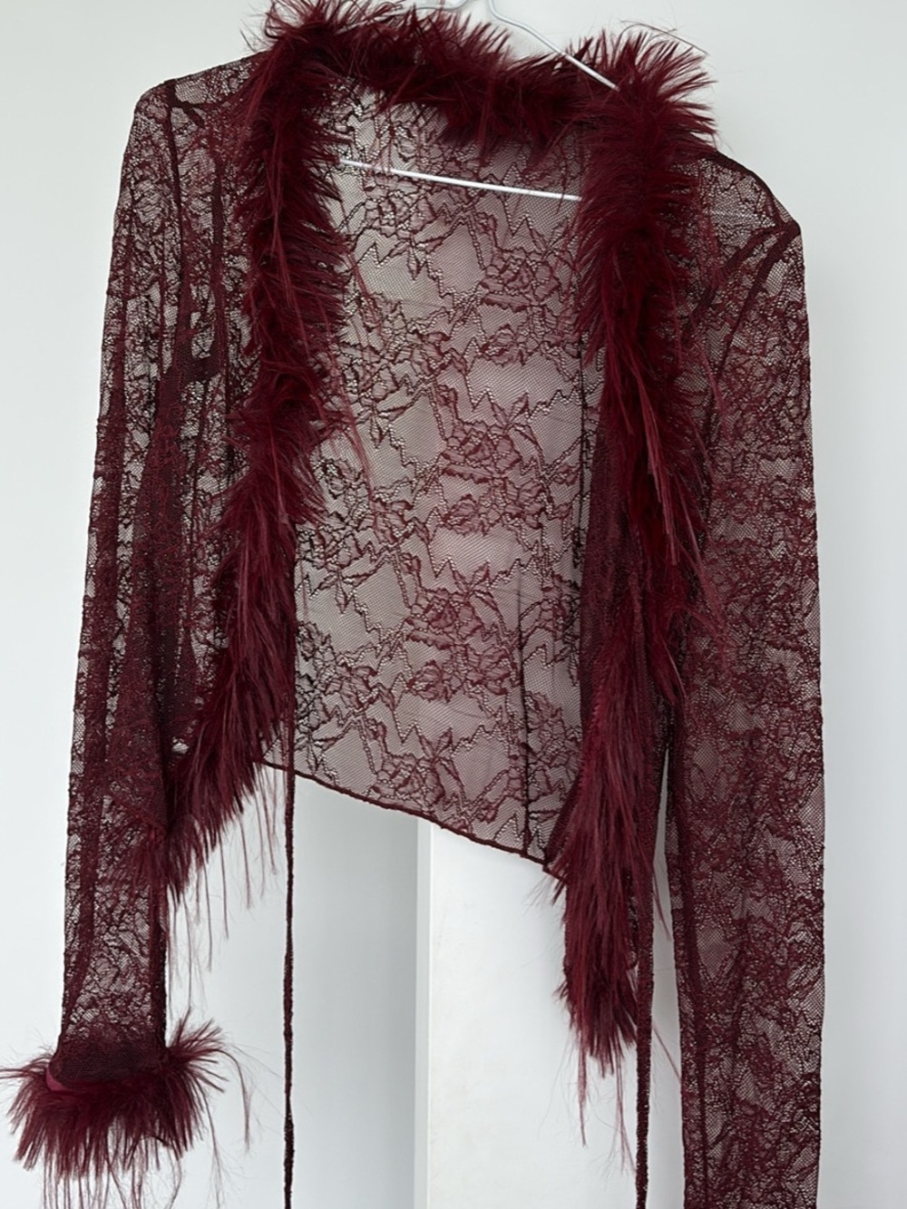 Lace Feather Trim Robe - Burgundy